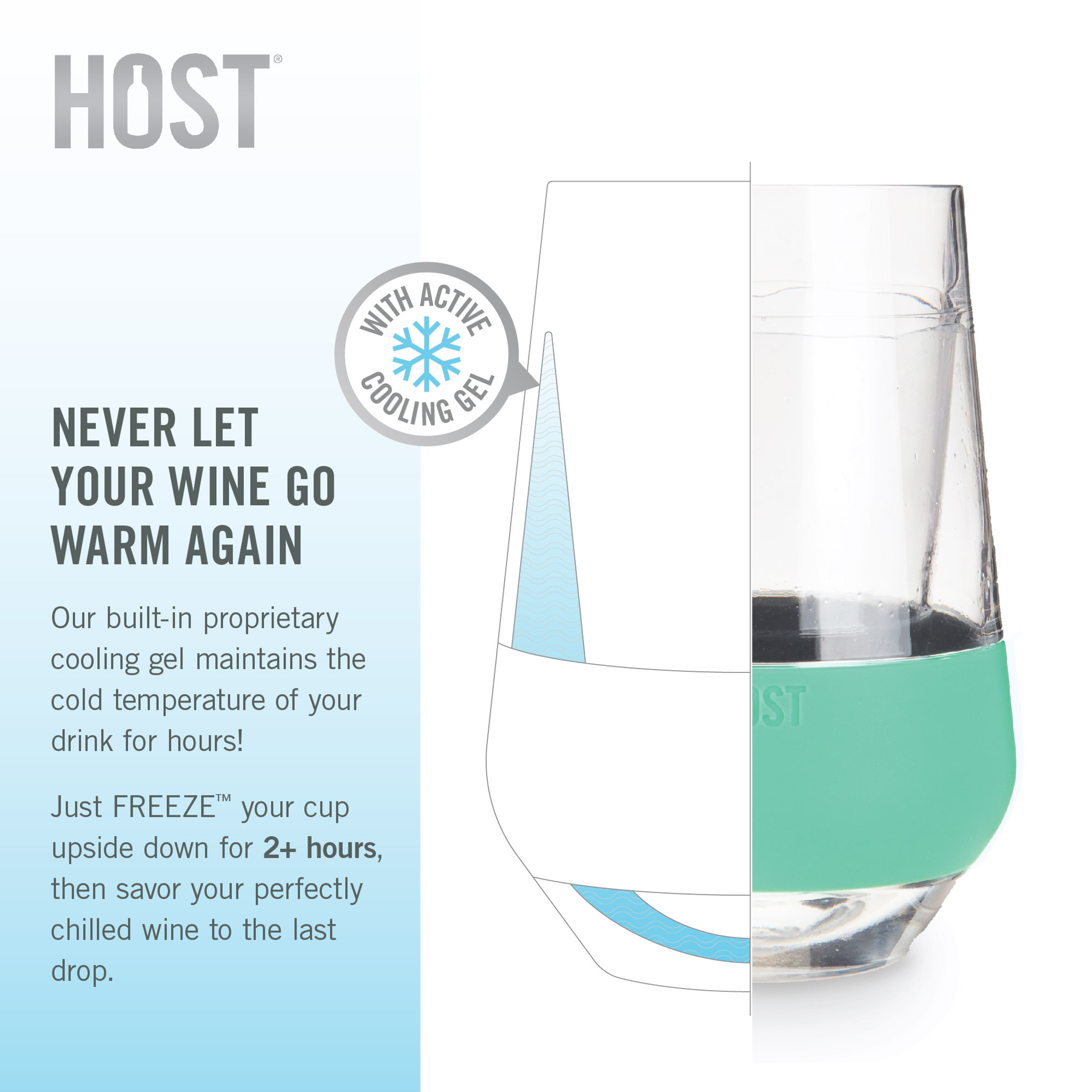 Wine cooling cup profile, clear body with mint base band and HOST logo.