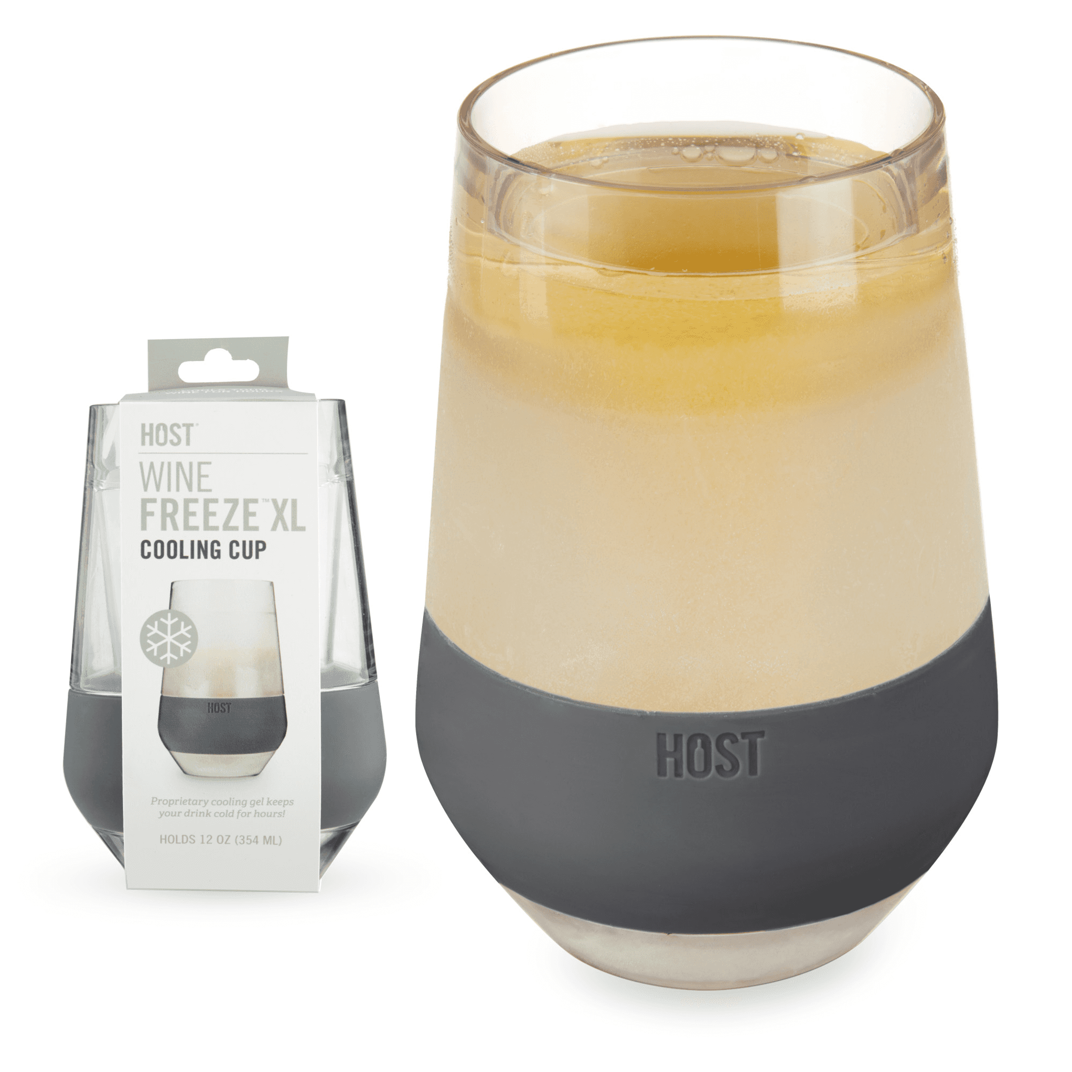 Wine FREEZE XL cooling cup with clear cup and dark gray base, shown with retail box