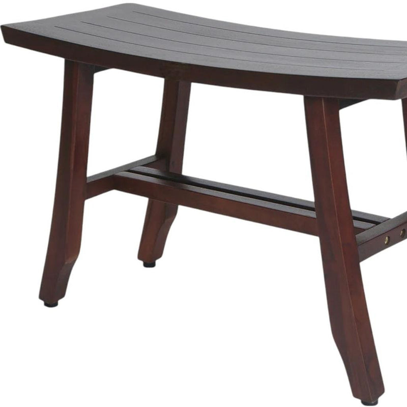 Dark brown teak shower bench angled view of slatted top and side frame