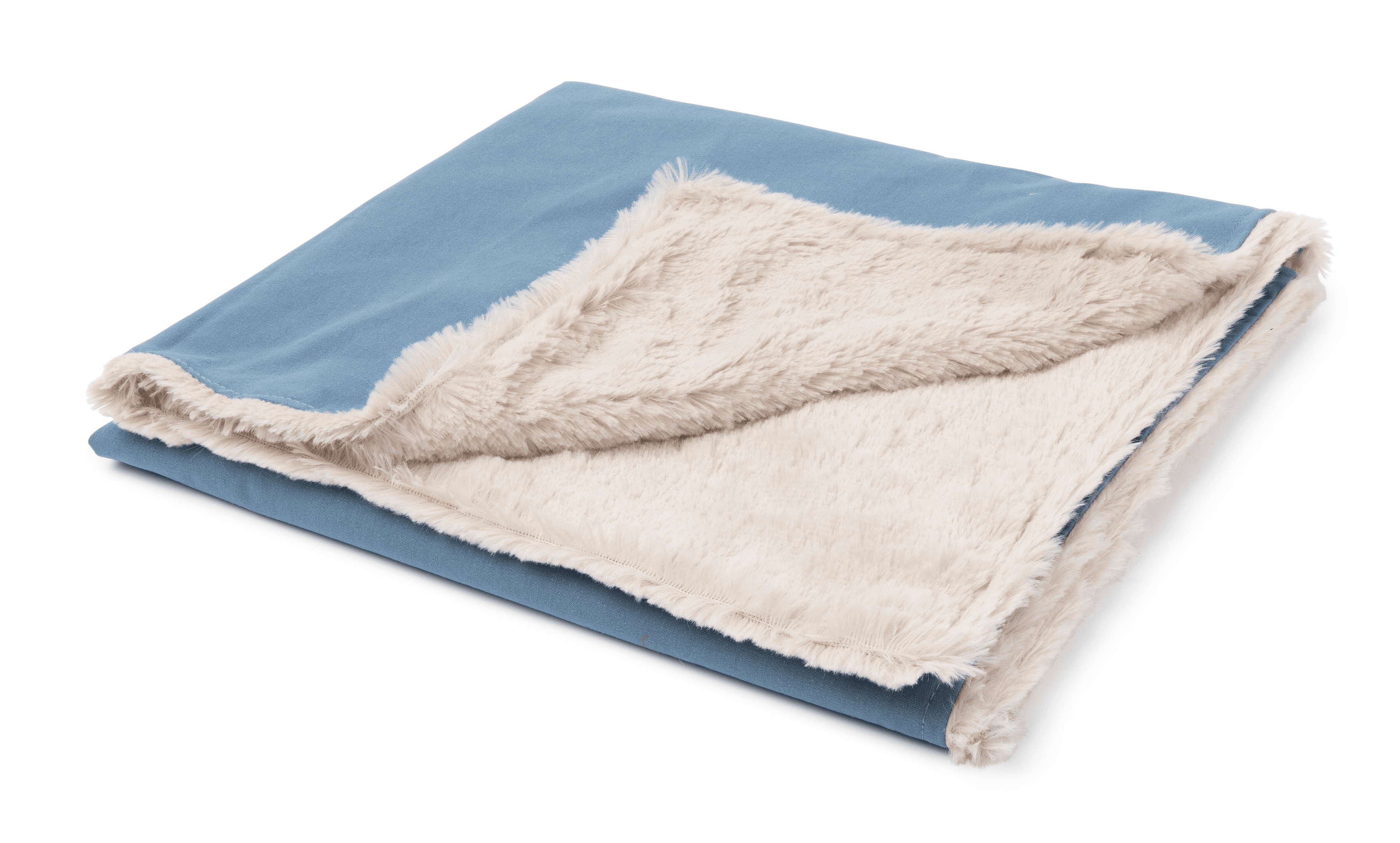 Cozy blue fleece blanket with soft cream faux fur lining, perfect for warmth and style. Ideal for home decor.
