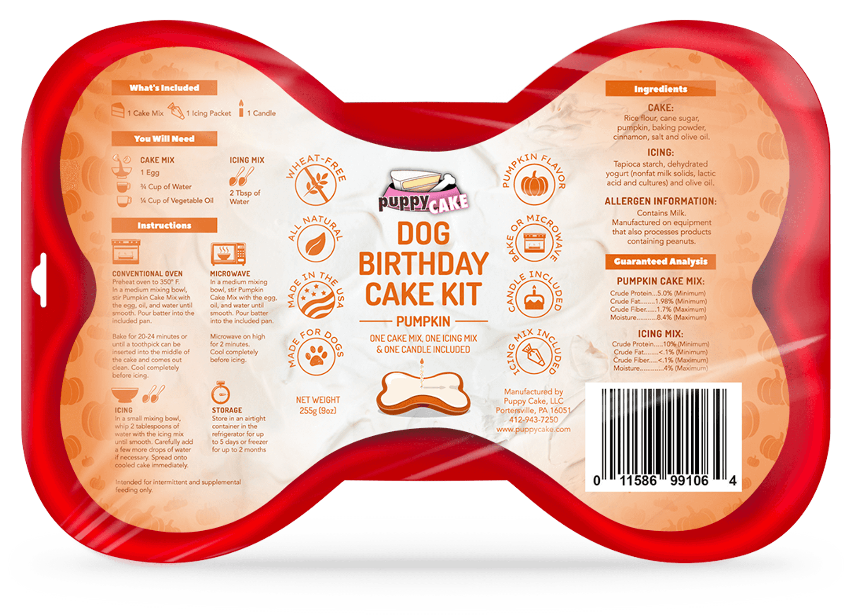 Dog birthday cake kit package with pumpkin cake ingredients and allergy info