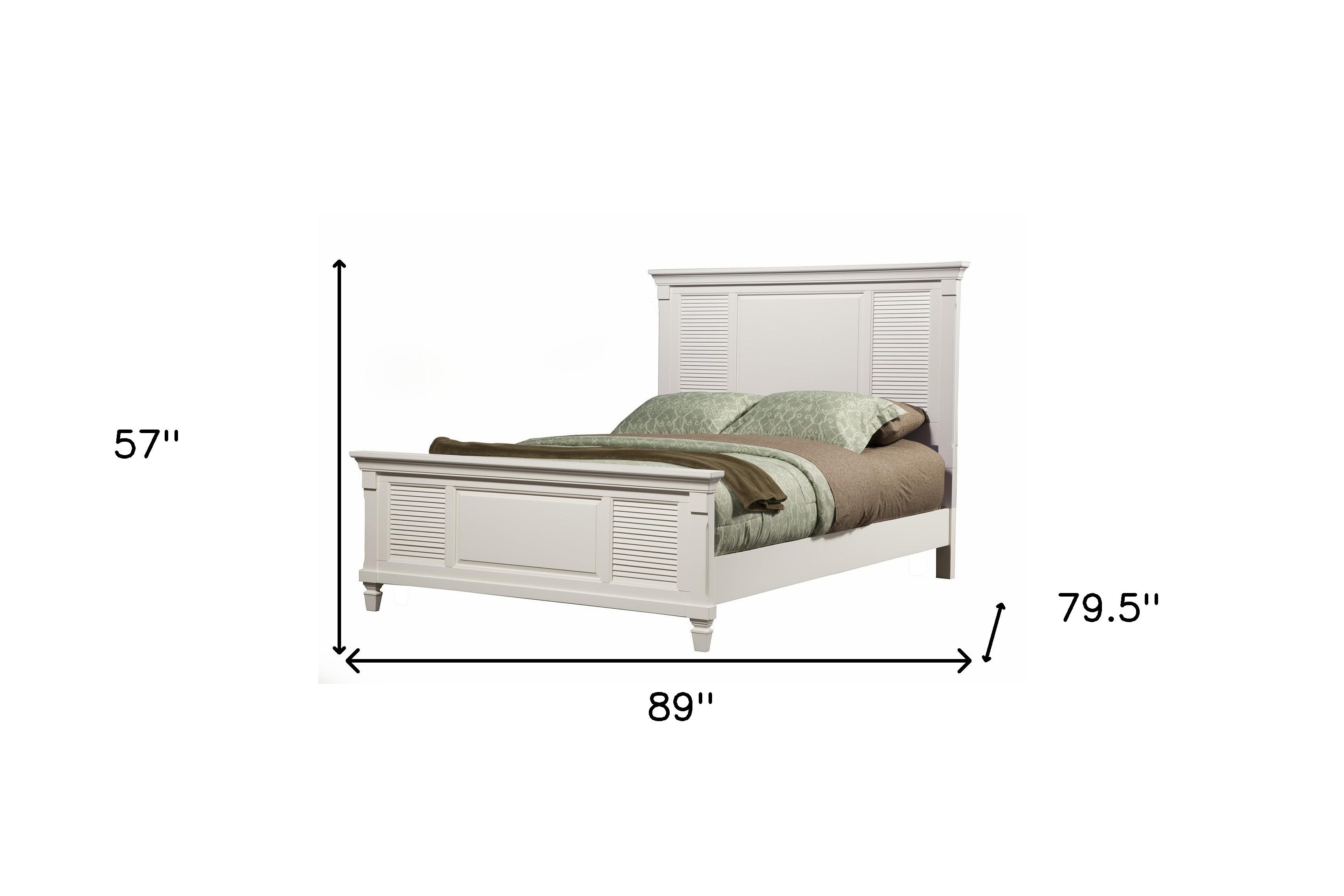 White king bed frame with size dimensions shown; paneled headboard and footboard.