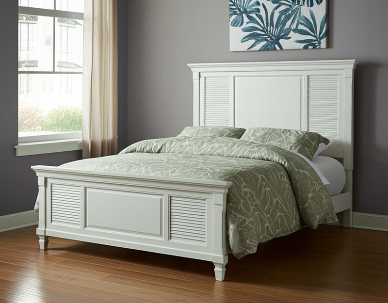 White king bed frame with decorative paneling and slatted headboard, front view.