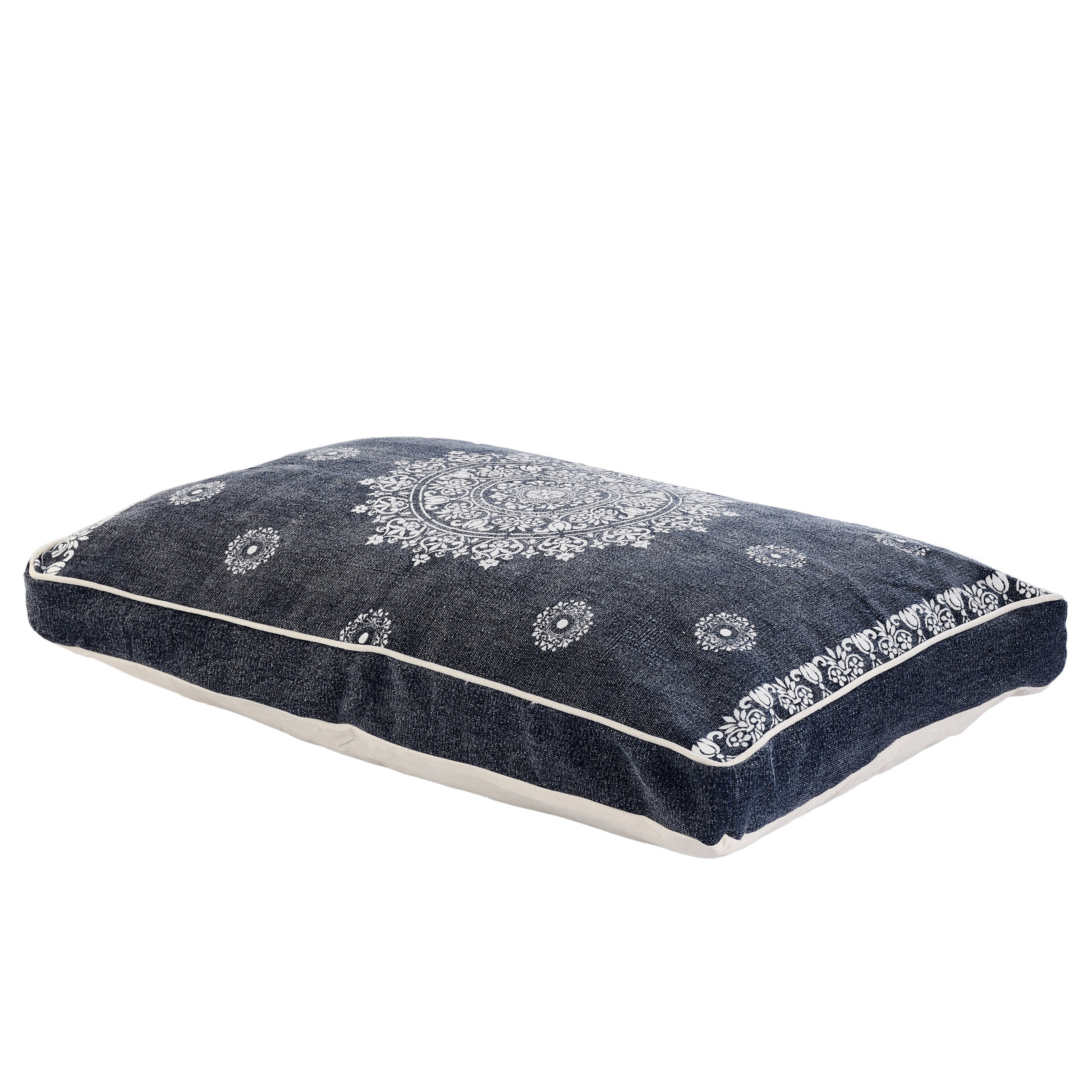 Navy blue cushion with white mandala design, made of soft cotton fabric, perfect for stylish home decor.