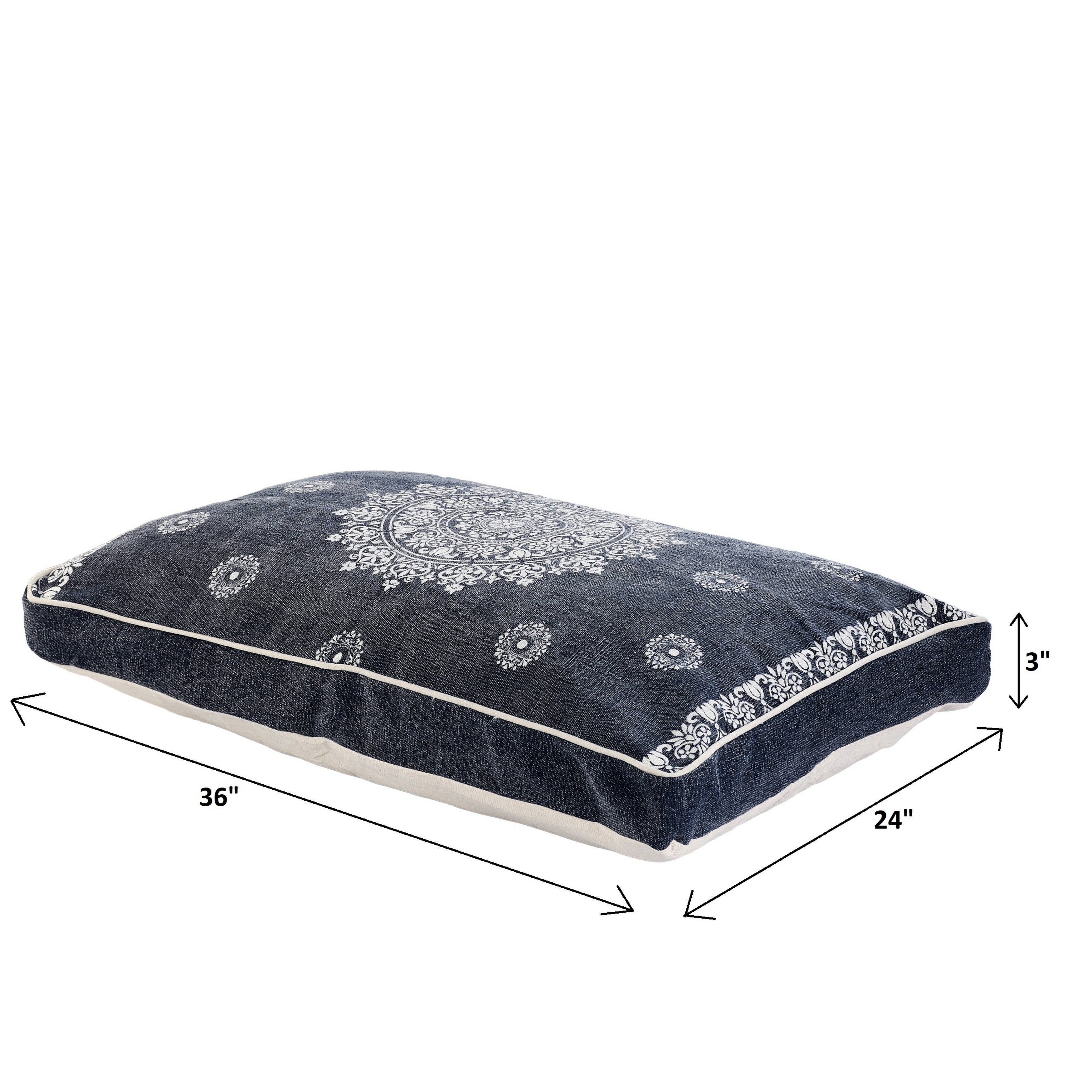 Navy blue mandala pet bed, 36"x24"x3", plush fabric with white detailing, perfect for comfort and style.