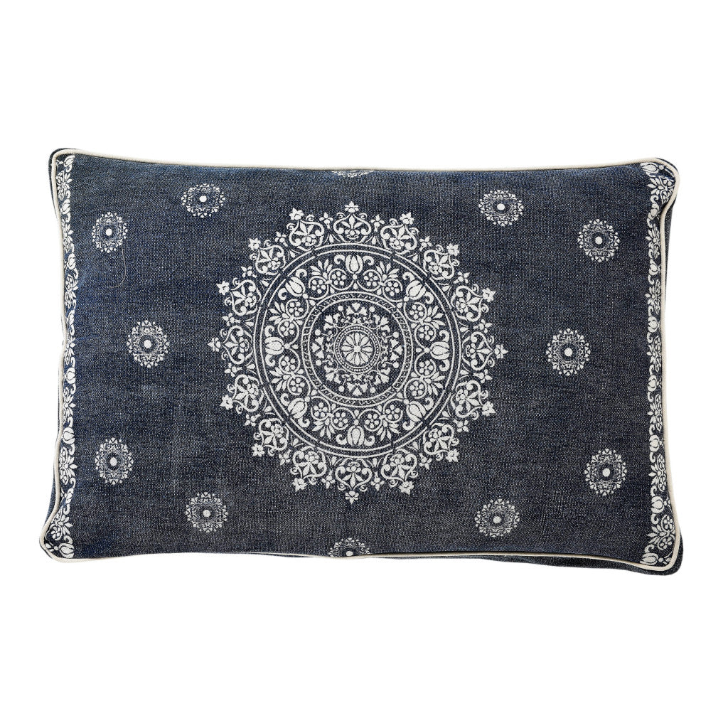Navy blue decorative pillow with white intricate mandala design, featuring a soft fabric and elegant piping.
