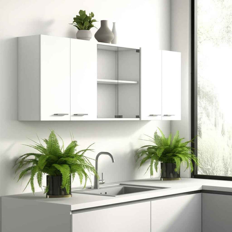 59" White Wood Wall Mounted China Cabinet With Six Doors