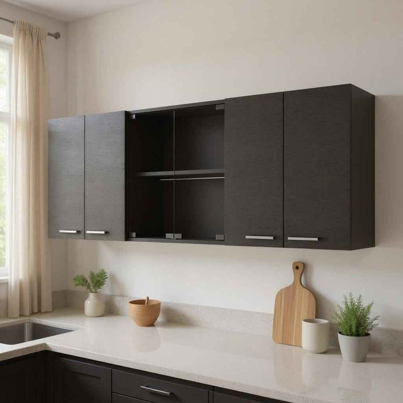 59" Black Wood Wall Mounted China Cabinet With Six Doors