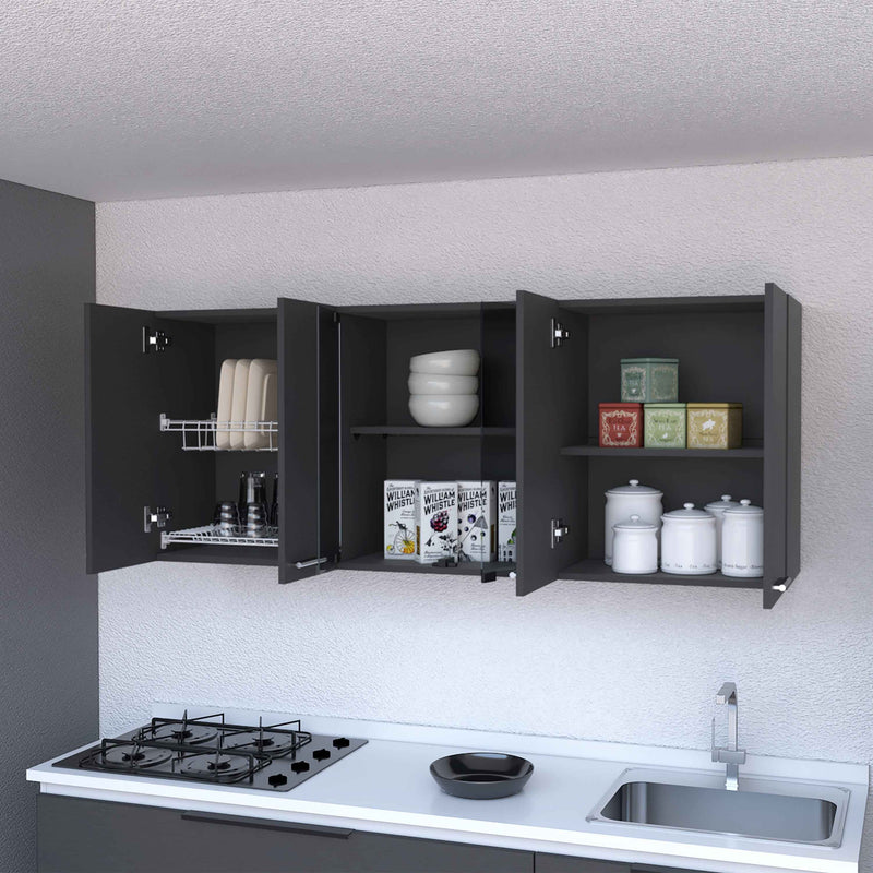 59" Black Wood Wall Mounted China Cabinet With Six Doors