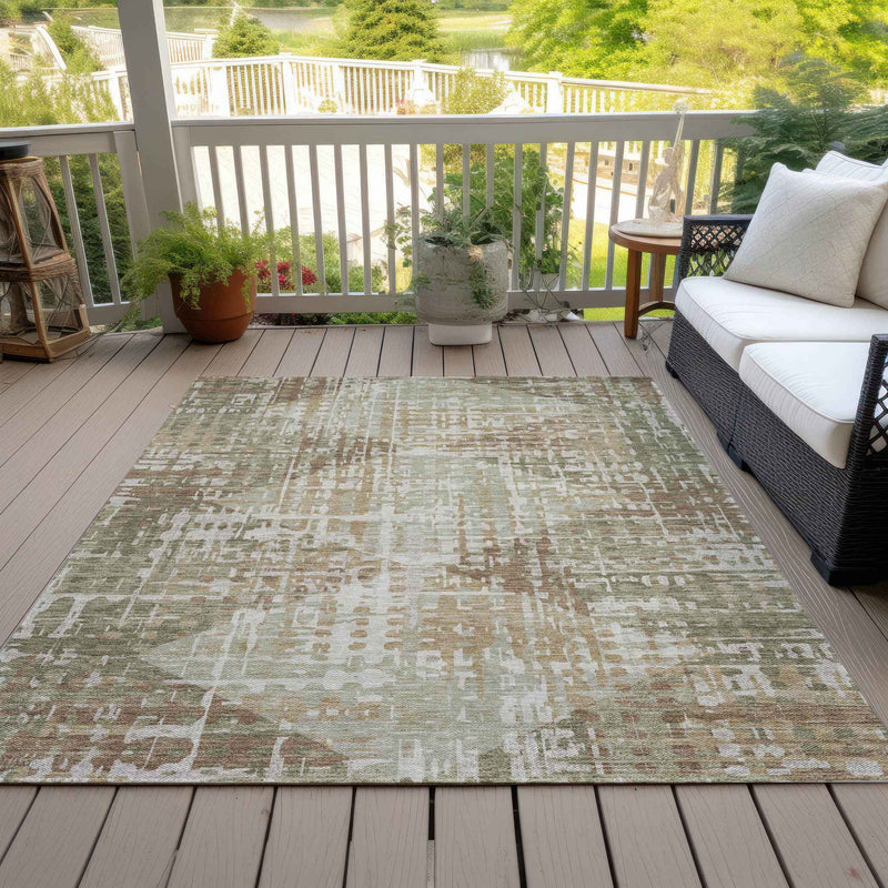 5' X 8' Fern Green And Beige Geometric Washable Indoor Outdoor Area Rug