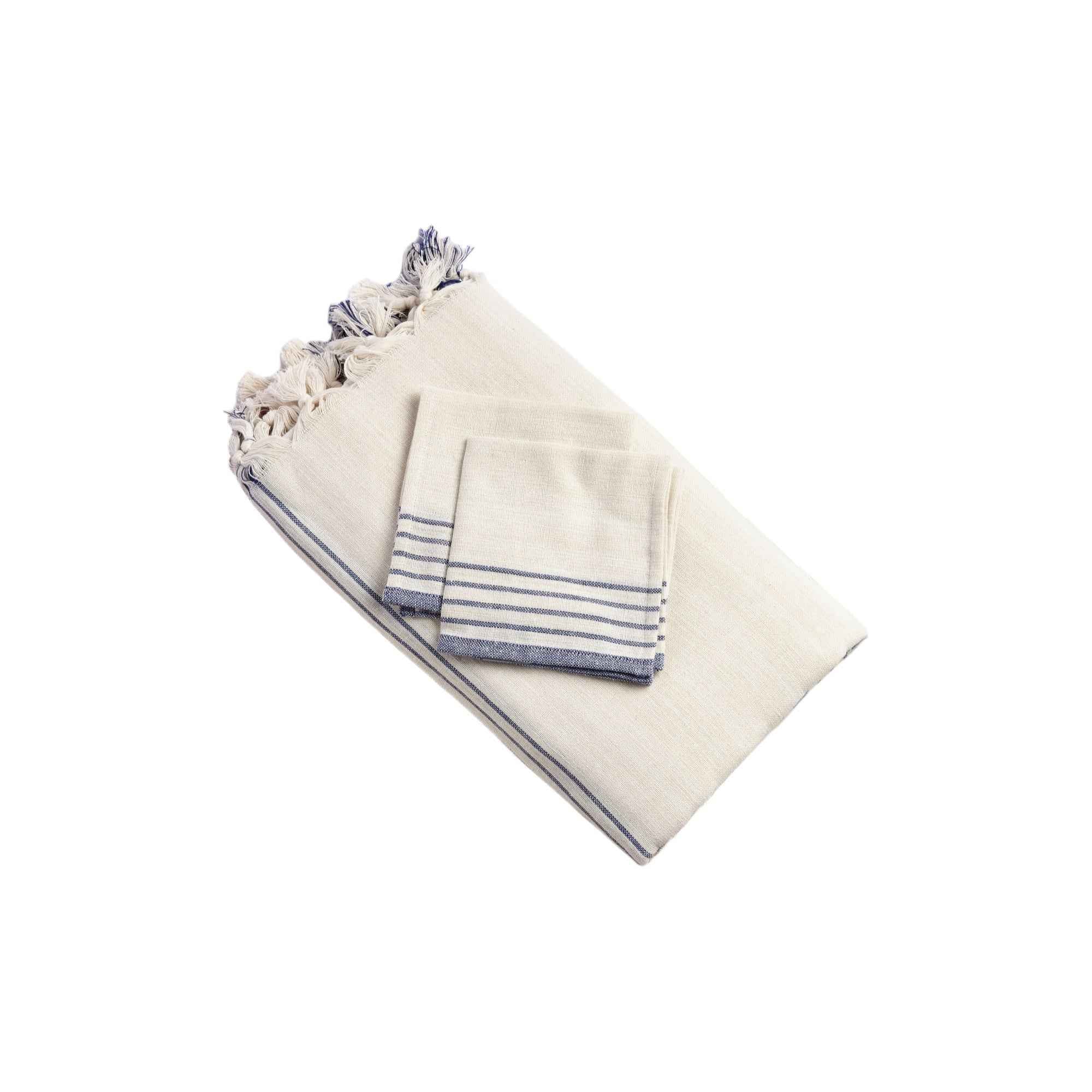 71" x 95" Cream And Blue Striped Cotton Tablecloth And Napkins Set