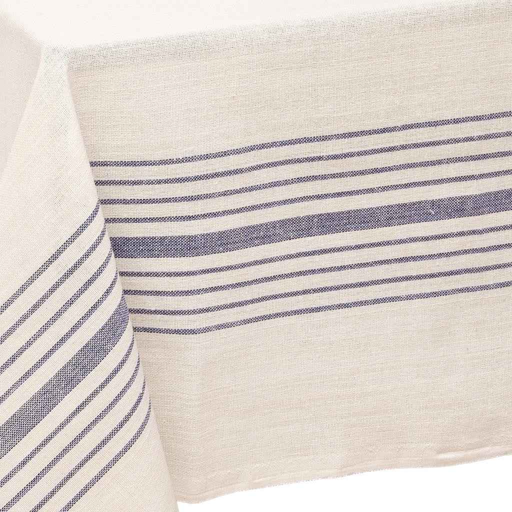71" x 95" Cream And Blue Striped Cotton Tablecloth And Napkins Set
