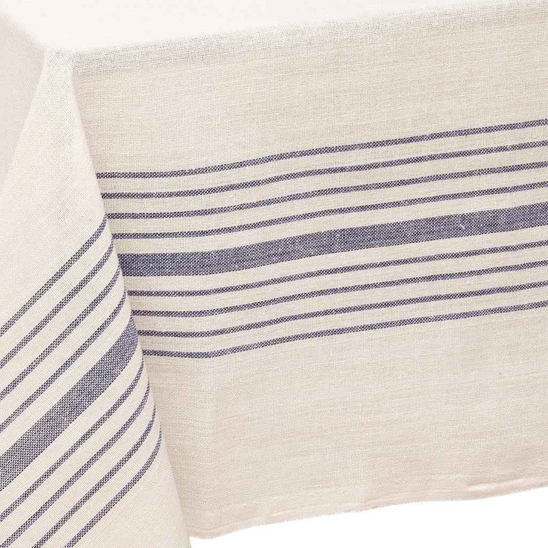 71" x 95" Cream And Blue Striped Cotton Tablecloth And Napkins Set