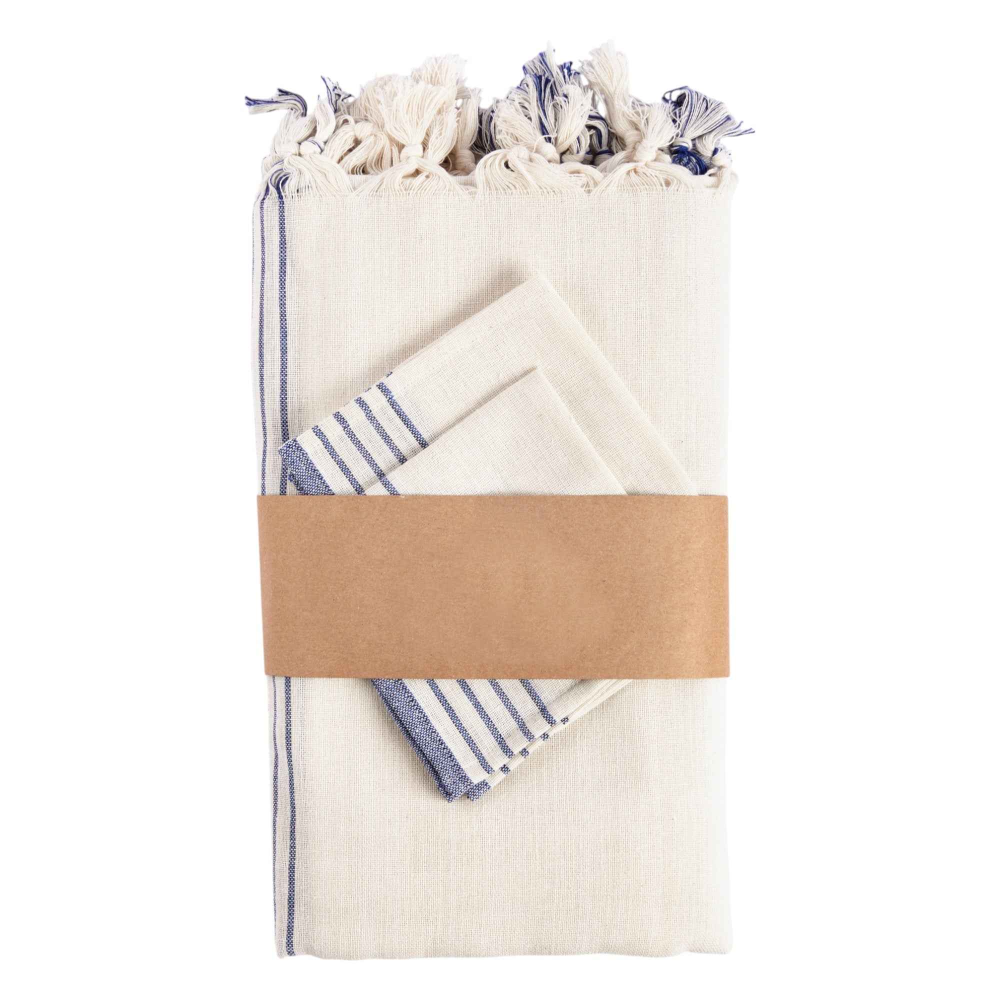 71" x 95" Cream And Blue Striped Cotton Tablecloth And Napkins Set