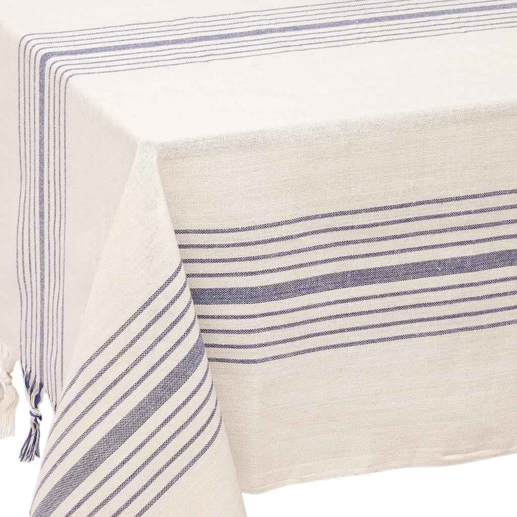 71" x 95" Cream And Blue Striped Cotton Tablecloth And Napkins Set