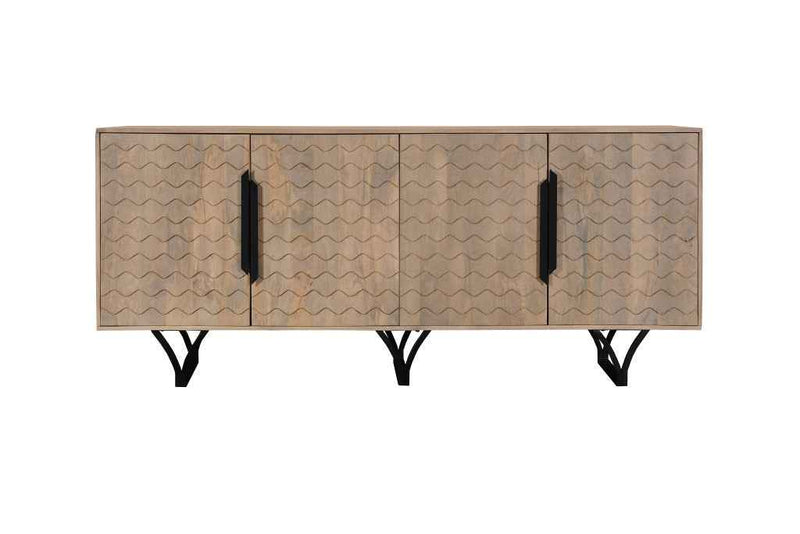 84" Beige Solid Wood Carved Geometric Sideboard with Four Doors