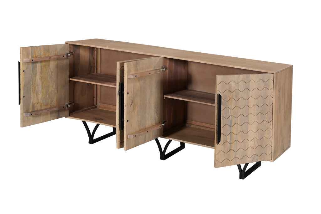 84" Beige Solid Wood Carved Geometric Sideboard with Four Doors