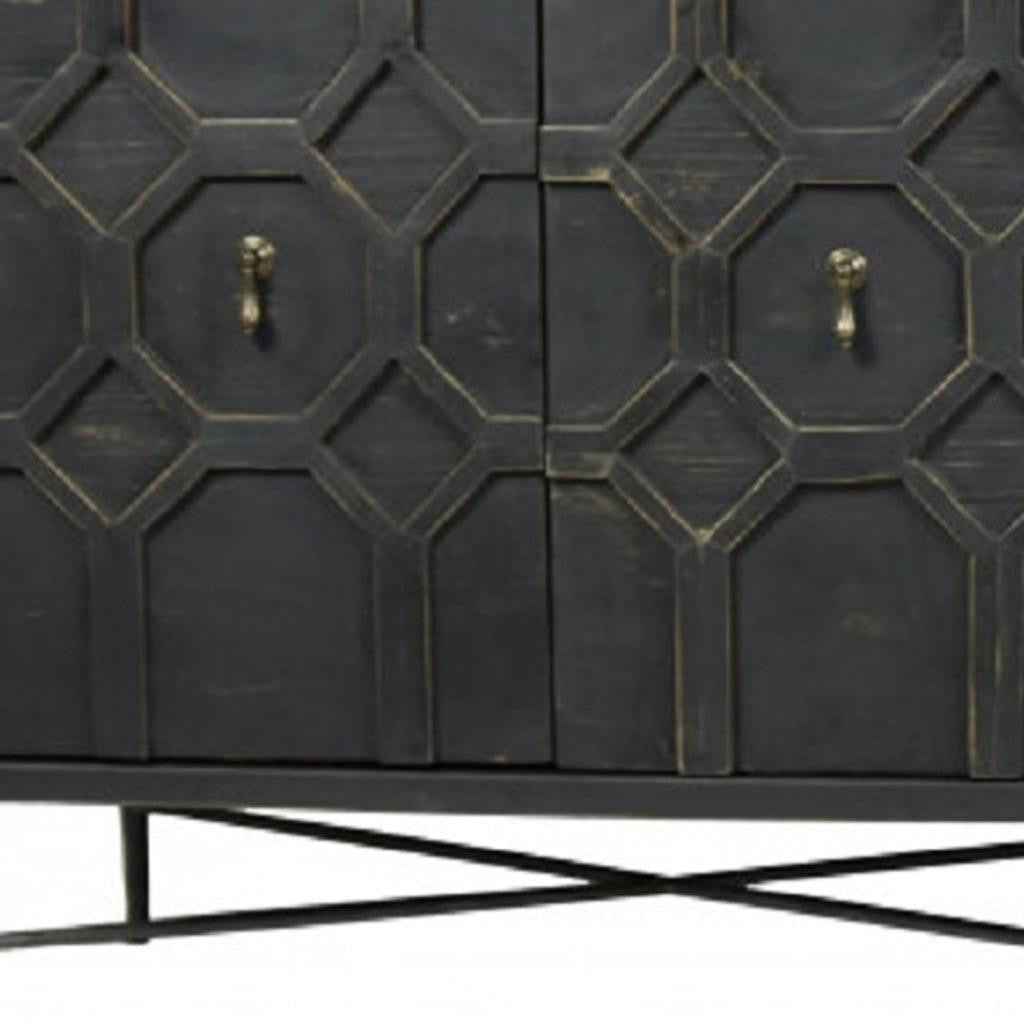 71" Brown Distressed Solid Wood Carved Geometric Sideboard with Four Doors