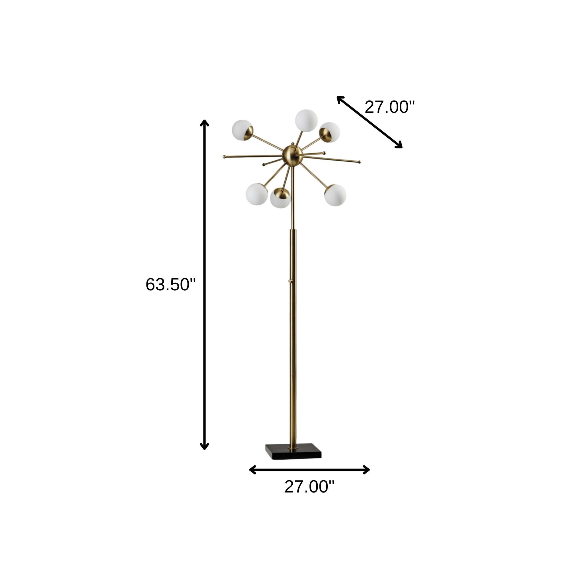 64" Brass Six Light LED Novelty Floor Lamp With White Glass Globe Shades - Lighting