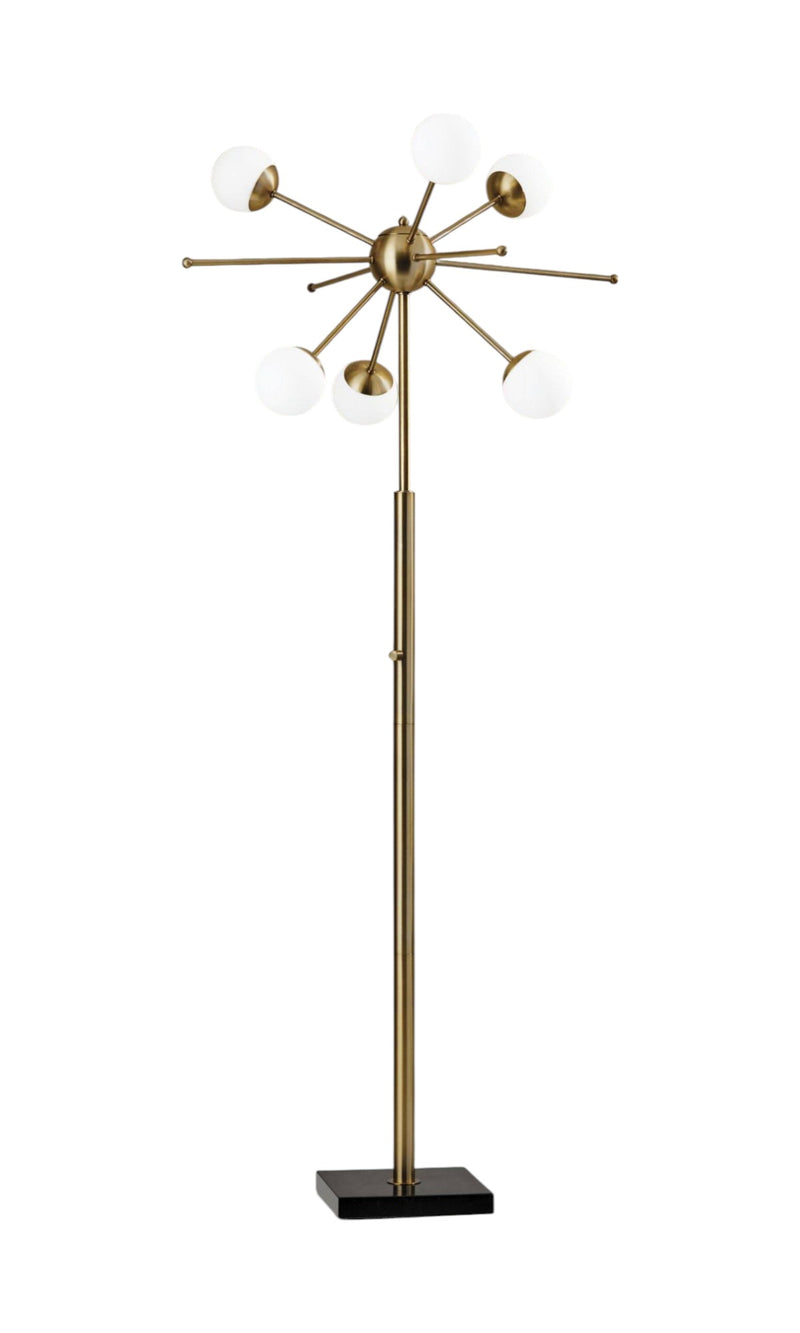64" Brass Six Light LED Novelty Floor Lamp With White Glass Globe Shades - Lighting