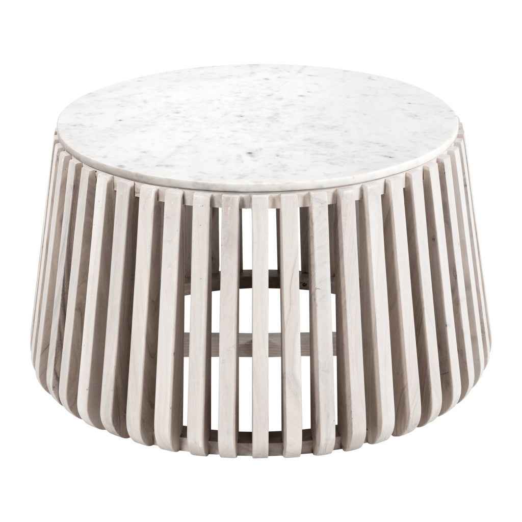 34" White and Natural Genuine Marble and Wood Round Drum Coffee Table