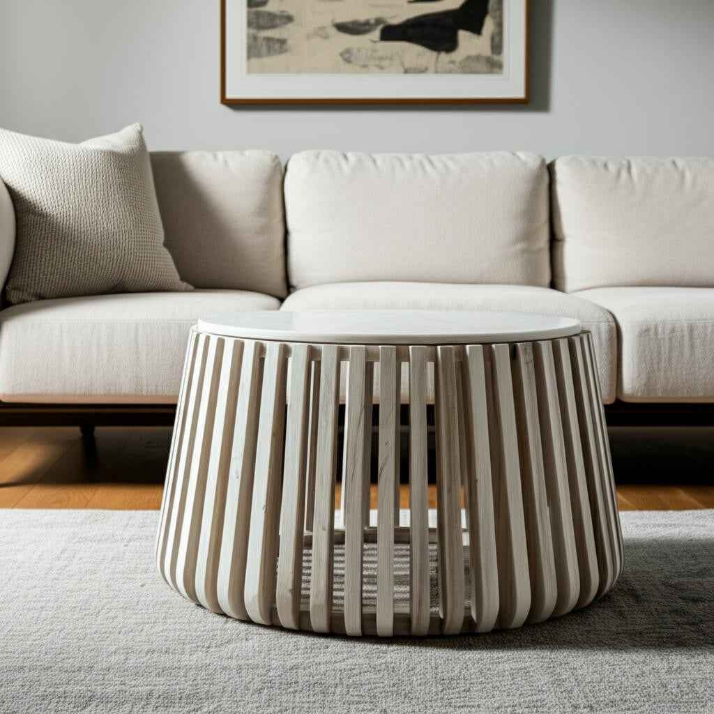 34" White and Natural Genuine Marble and Wood Round Drum Coffee Table