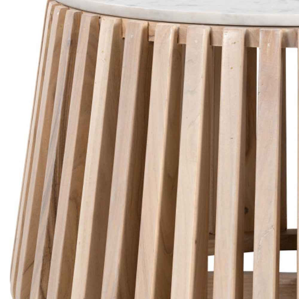 34" White and Natural Genuine Marble and Wood Round Drum Coffee Table