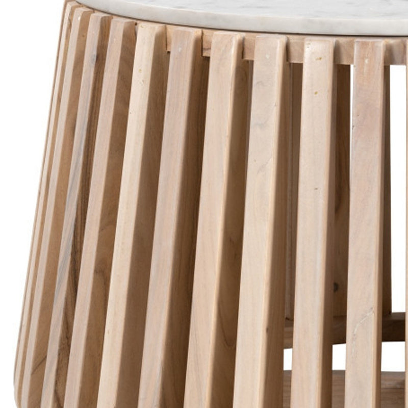 Natural wood slat side panels around round coffee table with marble top