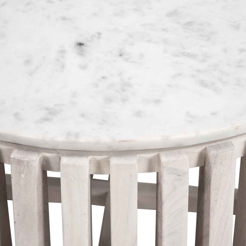 34" White and Natural Genuine Marble and Wood Round Drum Coffee Table