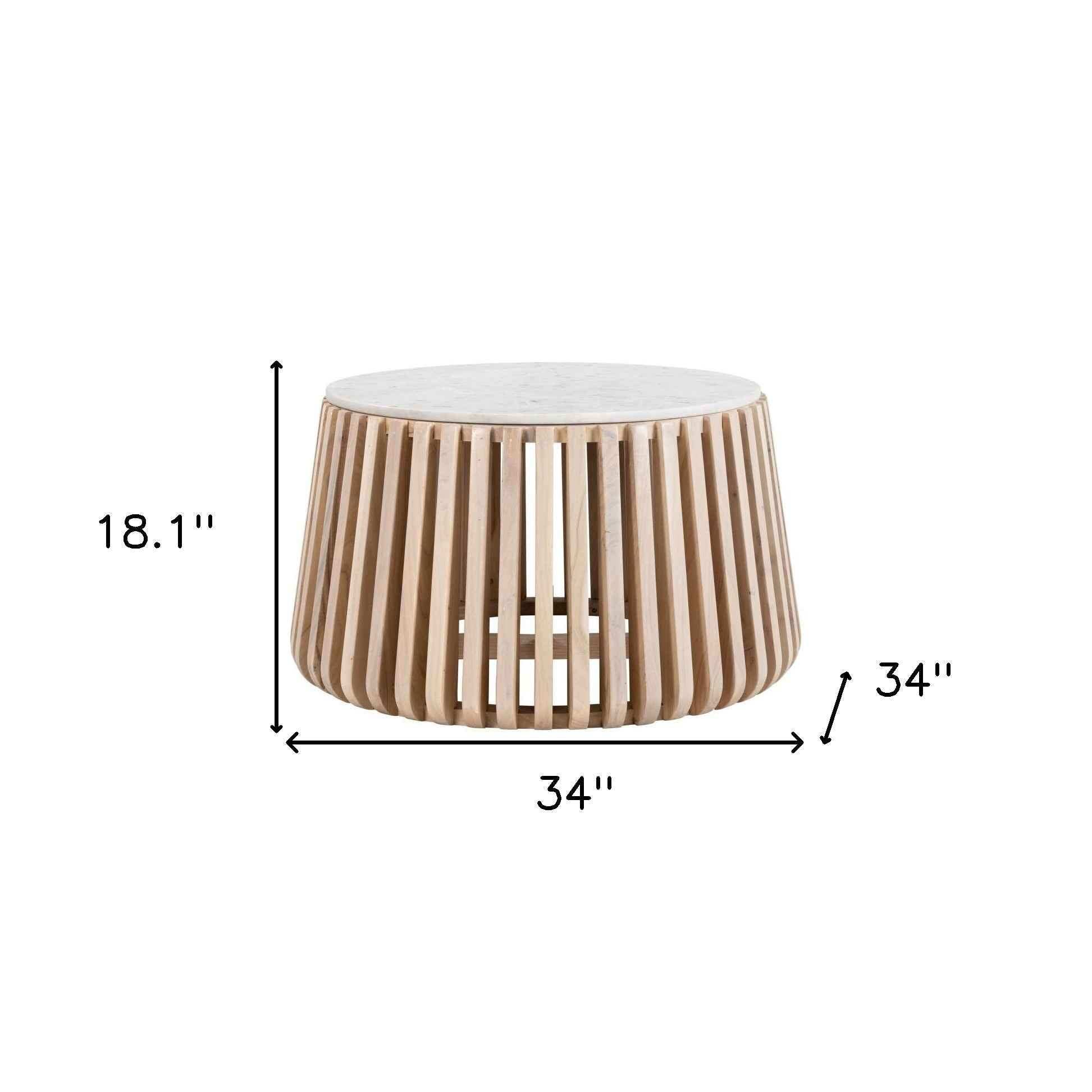 34" White and Natural Genuine Marble and Wood Round Drum Coffee Table