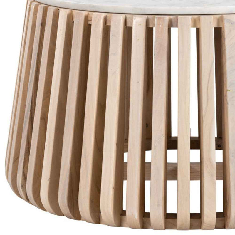 34" White and Natural Genuine Marble and Wood Round Drum Coffee Table