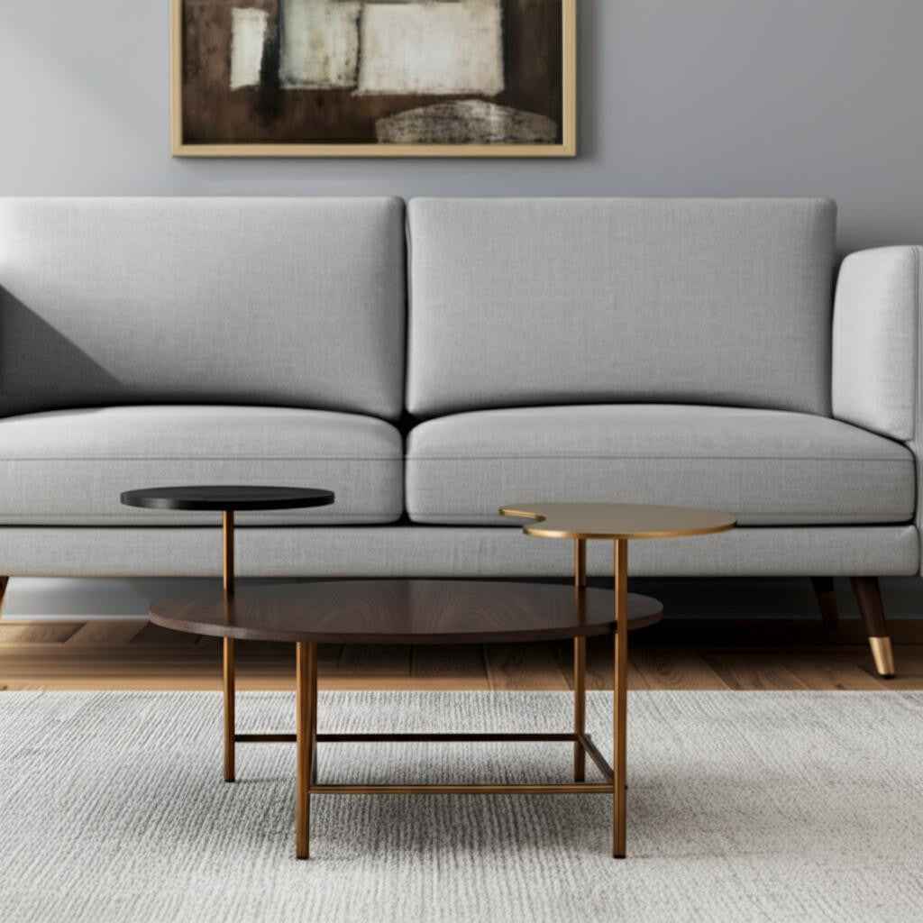 55" Brown Black and Gold Wood and Steel Three Tier Coffee Table