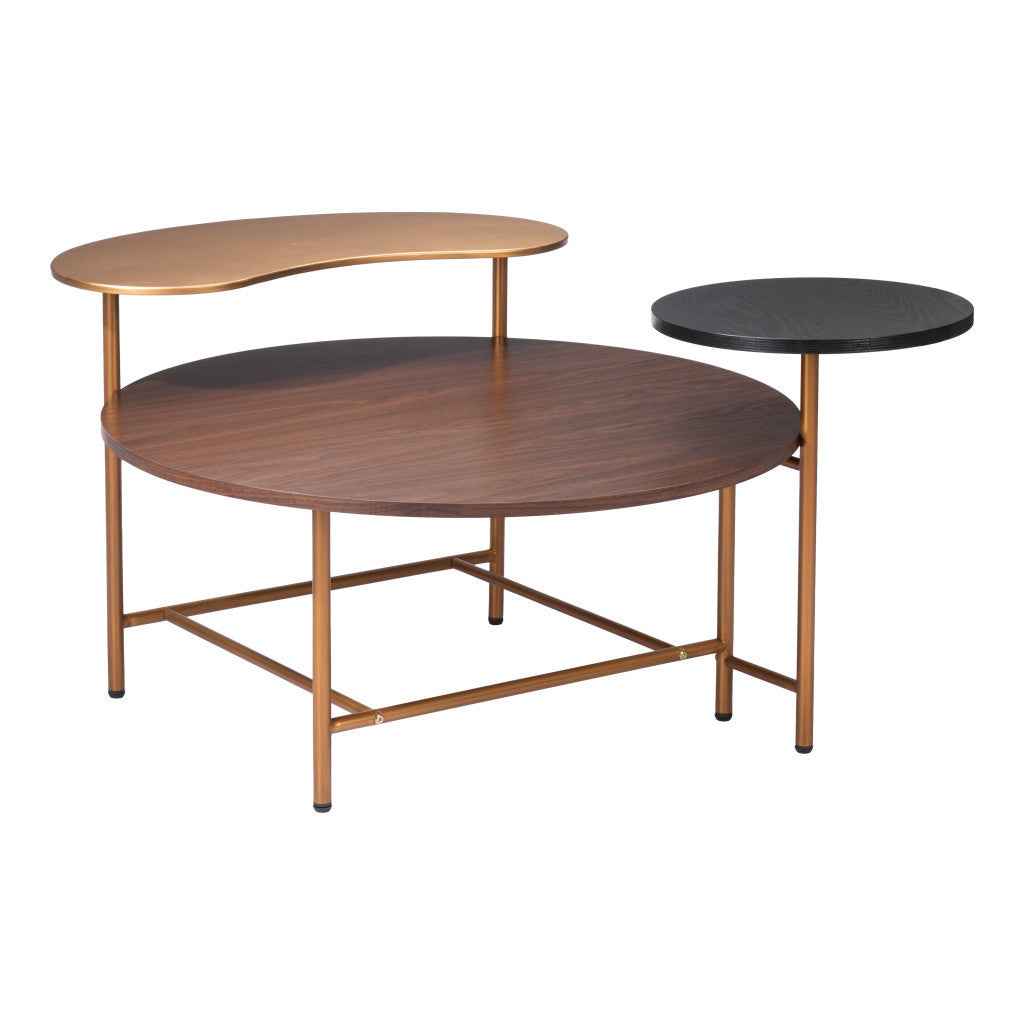 55" Brown Black and Gold Wood and Steel Three Tier Coffee Table