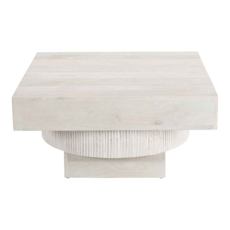 36" Natural White Solid Wood Square Geo Pedestal Coffee Table