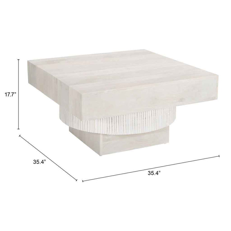 36" Natural White Solid Wood Square Geo Pedestal Coffee Table