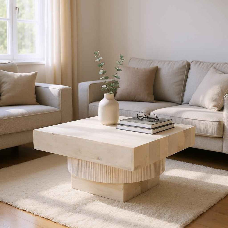 36" Natural White Solid Wood Square Geo Pedestal Coffee Table