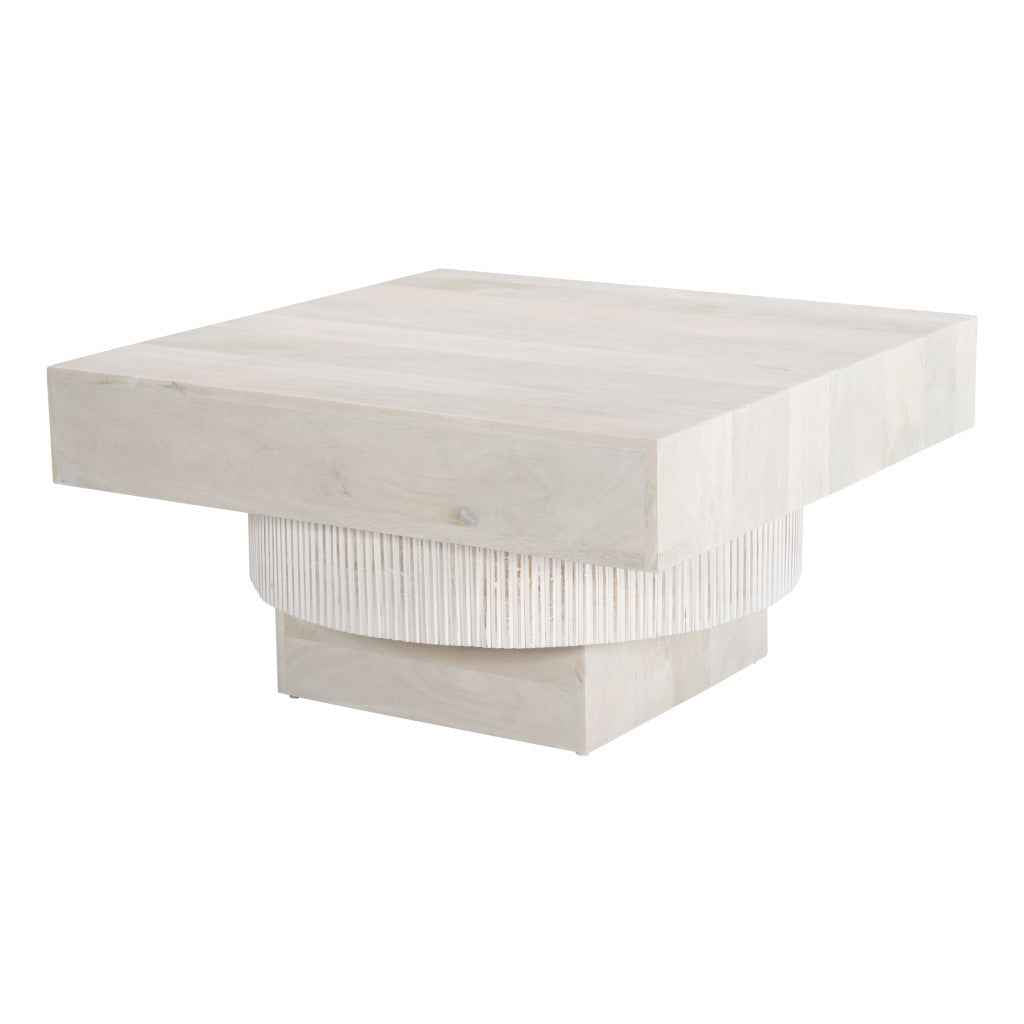36" Natural White Solid Wood Square Geo Pedestal Coffee Table