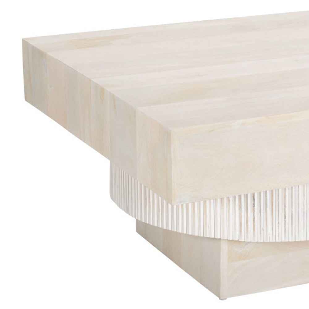 36" Natural White Solid Wood Square Geo Pedestal Coffee Table