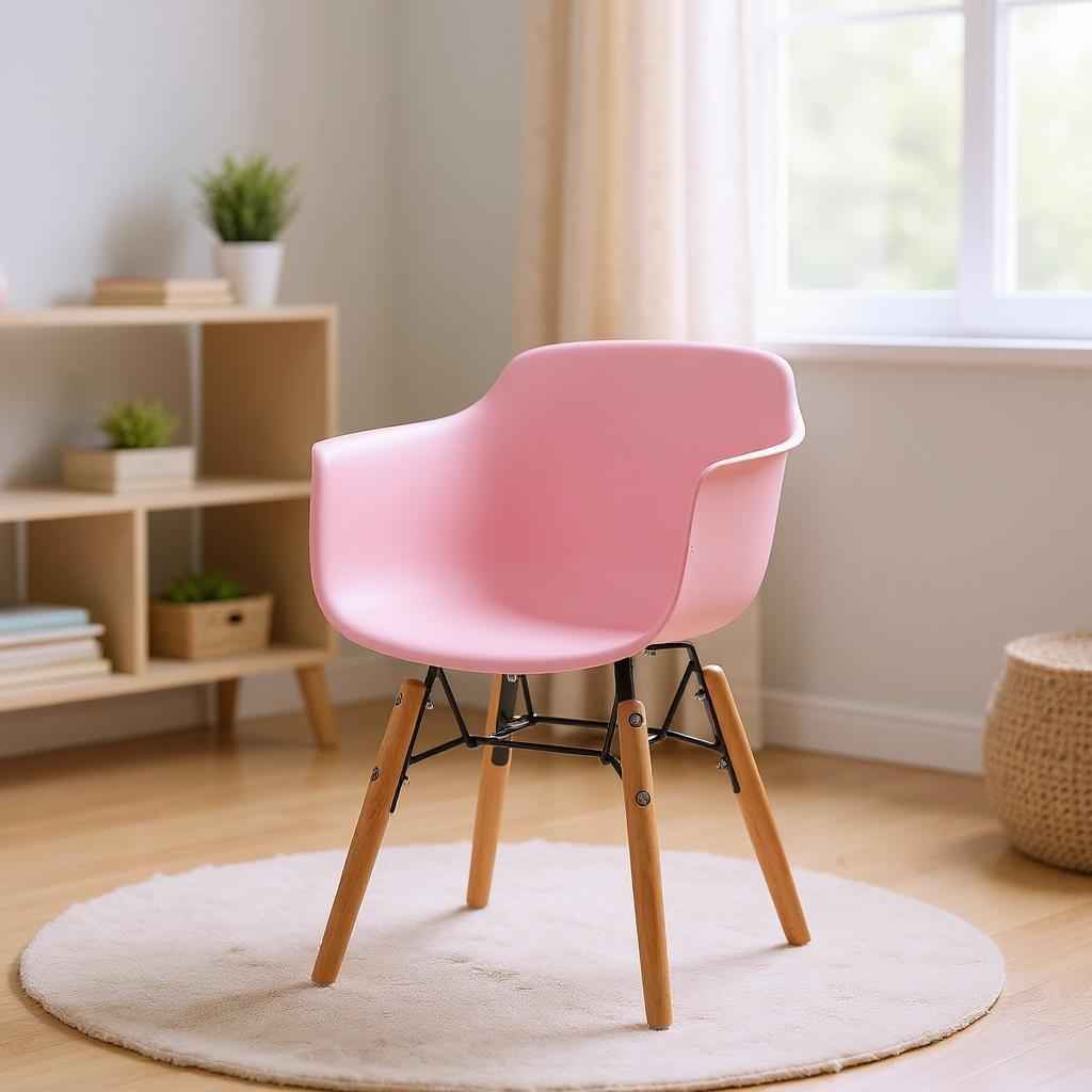 Set Of Four Pink And Brown Heavy Duty Plastic And Wood Juvenile Side Chairs
