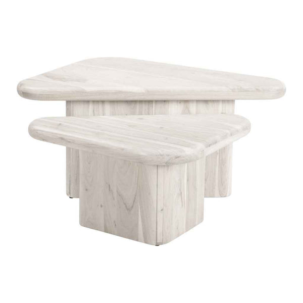Set of Two Natural Solid Wood Triangle Pedestal Nested Coffee Tables