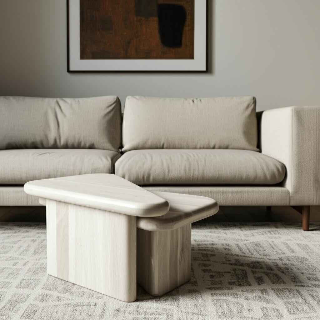 Set of Two Natural Solid Wood Triangle Pedestal Nested Coffee Tables