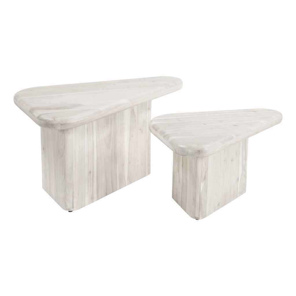 Set of Two Natural Solid Wood Triangle Pedestal Nested Coffee Tables