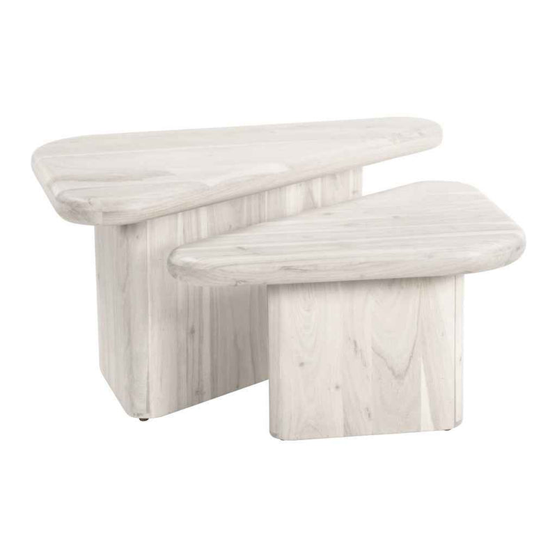Set of Two Natural Solid Wood Triangle Pedestal Nested Coffee Tables