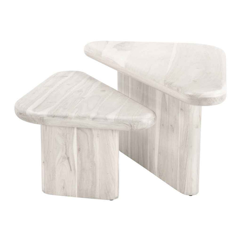Set of Two Natural Solid Wood Triangle Pedestal Nested Coffee Tables