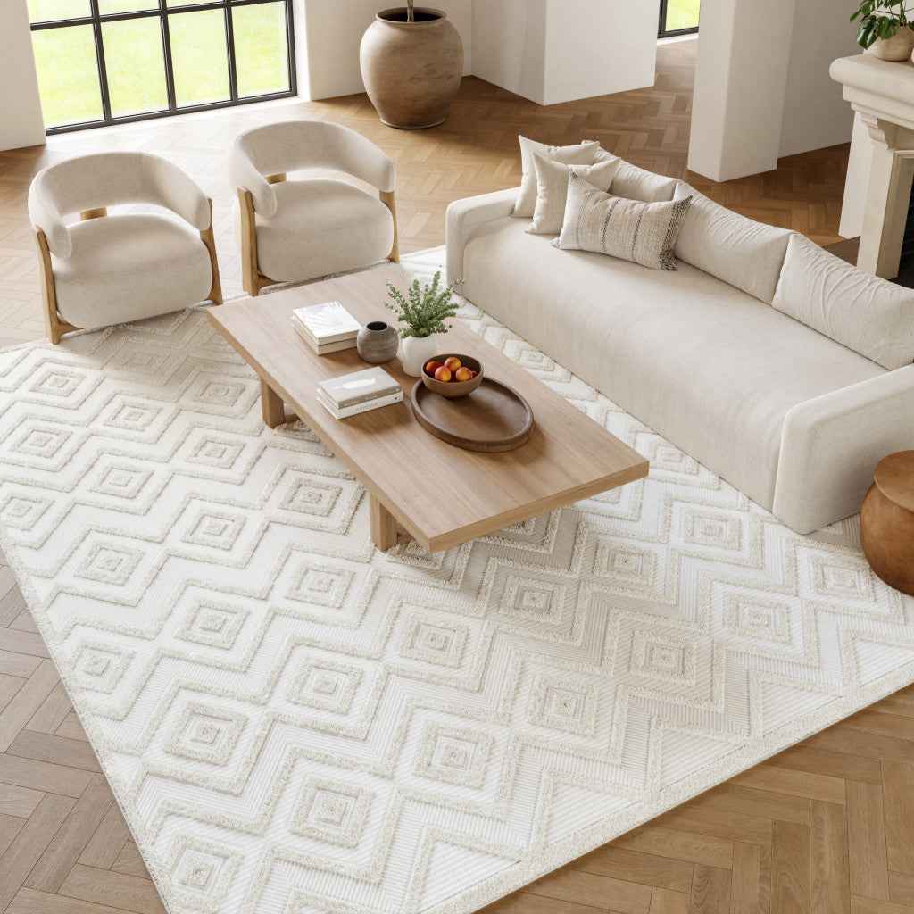 9' X 12' Ivory And White Indoor Outdoor Area Rug