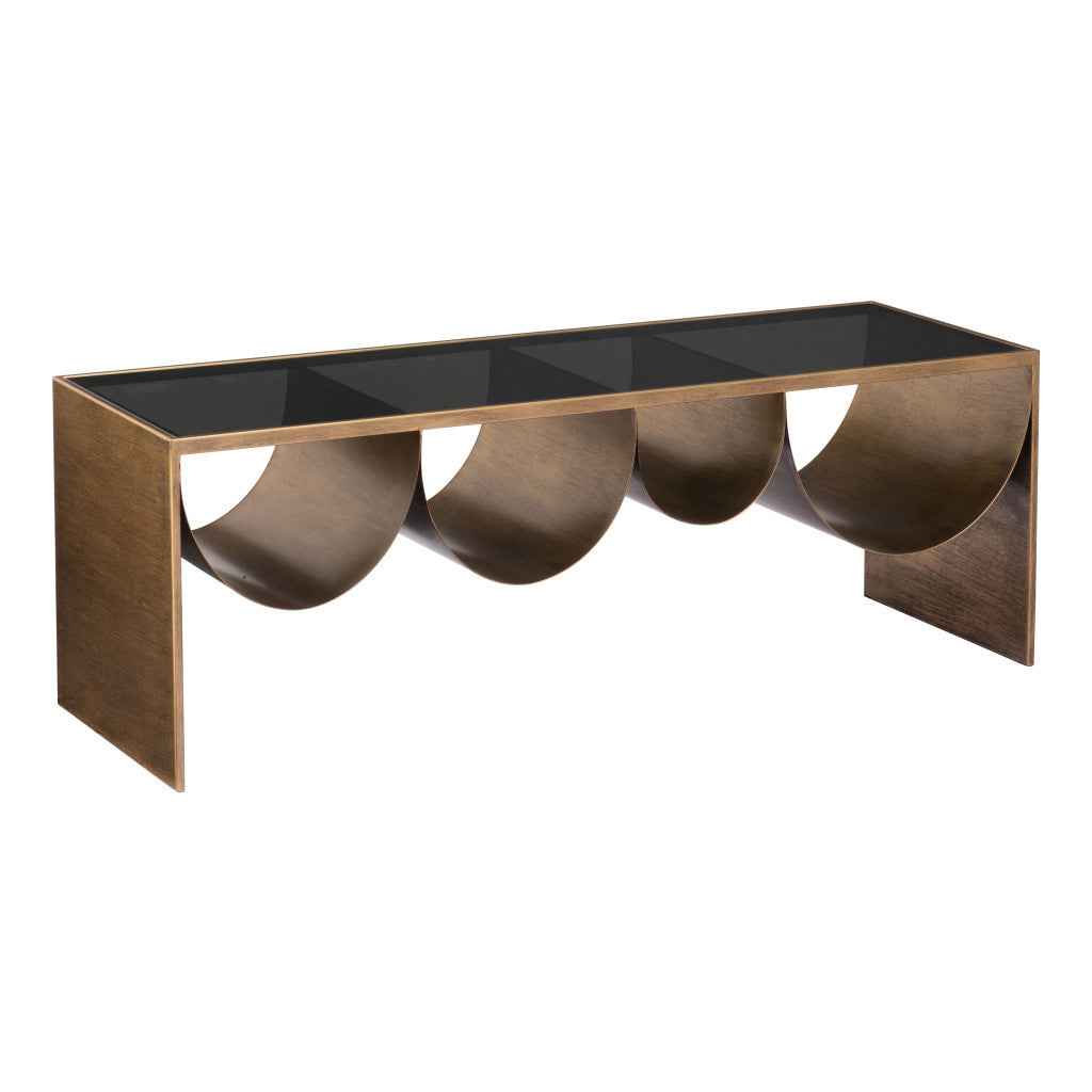 48" Black and Brass Mirrored Glass and Steel Solid Coffee Table