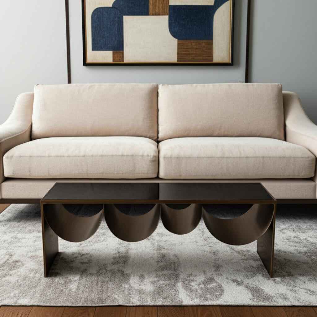 48" Black and Brass Mirrored Glass and Steel Solid Coffee Table