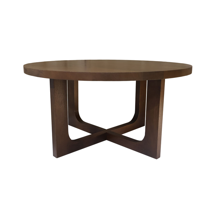 Brown solid wood round coffee table with X cross legs and smooth round tabletop