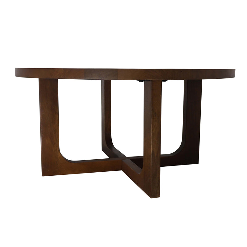 Brown round coffee table with open cross-leg frame and four supporting posts