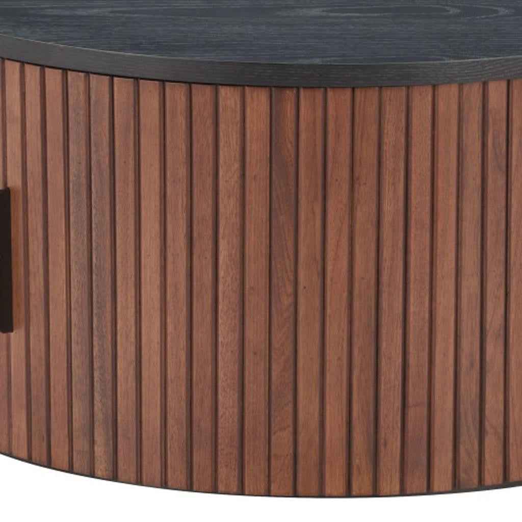 32" Black and Walnut Wood Round Drum Coffee Table